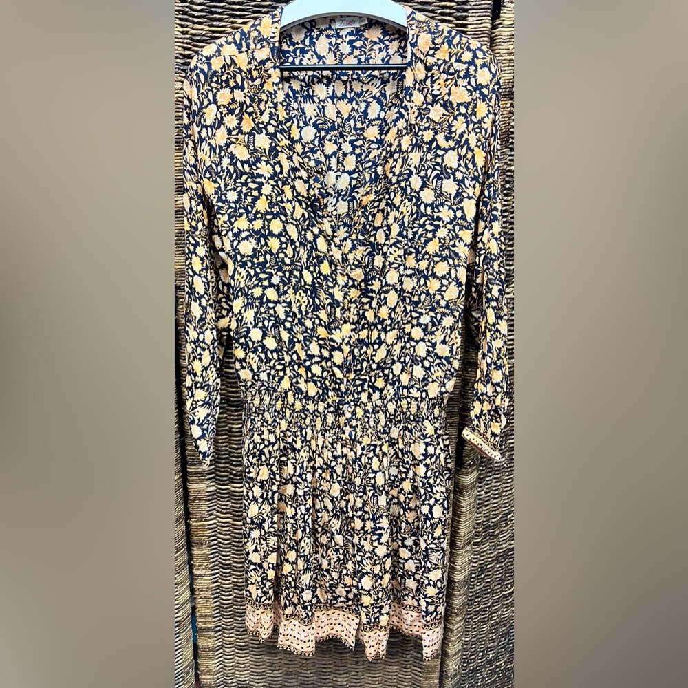 Faherty-Navy/Cream/Yellow, Floral‎ Long Sleeve Dress- Size: Xlarge